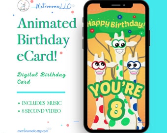 8th Birthday Card, Wacky Giraffe Animated Birthday eCard, Kids Digital Birthday Card & Birthday Song, DIY Social Media or Message App Gift