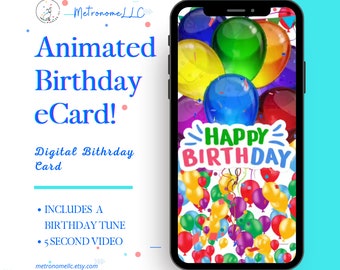 Musical Animated Birthday Card, Last Minute Instant Download Digital eCard Gift, Balloon Design, DIY Social Media / Messaging App, BDay Tune