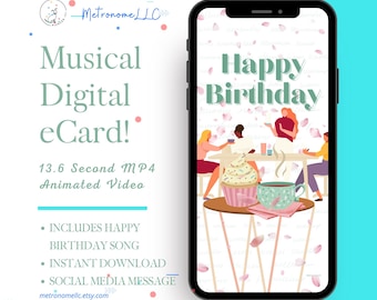 Happy Birthday Card For Her, Musical Animated Rose Petal Cupcake Best Friend eCard, Women DIY Social Media Message, Instant Download Gift