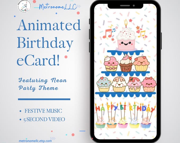 Featured listing image: Musical Animated Birthday Card, Instant Download Digital Birthday eCard, Happy Birthday Tune, Last Minute Gift, eCard Birthday Card