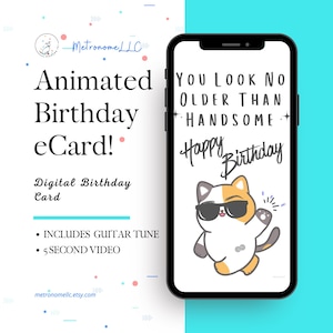 Happy Birthday Card For Men, Handsome Cat Digital Card, Animated Birthday Card For Him,  Electric Guitar Tune, Last Minute DIY Textable Gift