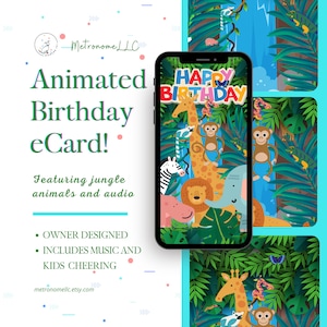 Birthday Card For Kid, Safari Jungle Animal Waterfall, Festive Music /Children Cheering, Animated Birthday Card, 4K Social Media eCard Video