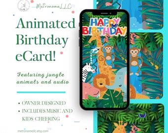 Birthday Card For Kid, Safari Jungle Animal Waterfall, Festive Music /Children Cheering, Animated Birthday Card, 4K Social Media eCard Video