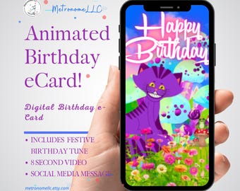 Musical Animated Birthday Card, Wonderland Digital Download eCard, Fun Happy Birthday Song, Last Minute Girls Social Media DM e-Card Gift