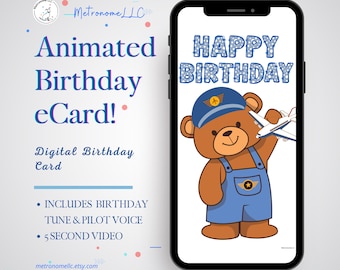 Happy Birthday Card, Cute Kid Musical Animated e-Card, Airplane & Pilot Voice, Instant Download Digital eCard Last Minute DIY Textable Gift