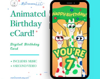 7th Birthday Card, Wacky Giraffe Animated Birthday eCard, Kids Digital Birthday Card & Birthday Song, DIY Social Media or Message App Gift