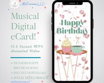 Happy Birthday Card For Her, Musical Animated Rose Petal Cupcake Best Friend eCard, Women DIY Social Media Message, Instant Download Gift