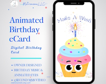 Musical Animated Birthday Card, Cupcake Wish e-Card, Instant Download Digital Birthday eCard, Happy Birthday Song, Last Minute Gift, Texting