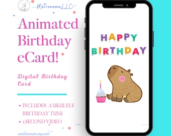 Animated Birthday Card - Capybara Cupcake Instant Download Digital eCard, Sweet Ukulele Birthday Song, Last Minute Gift
