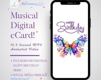 Musical Animated Birthday Card For Her, Butterfly Flute Happy Birthday Song, DIY Social Media Message App eCard, Girl Instant Download Gift