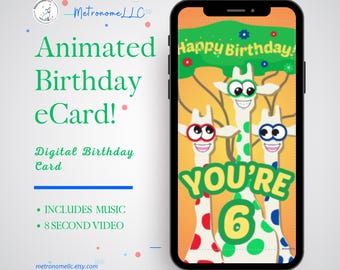 6th Birthday Card, Wacky Giraffe Animated Birthday eCard, Kids Digital Birthday Card & Birthday Song, DIY Social Media or Message App Gift