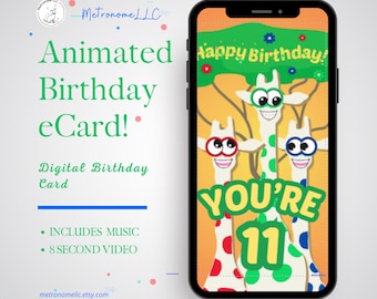 11th Birthday Card, Wacky Giraffe Animated Birthday eCard, Kids Digital Birthday Card & Birthday Song, DIY Social Media or Message App Gift