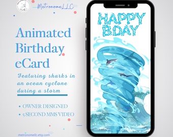 Animated Birthday Card, Instant Download Digital Birthday e-Card, Sharks & Ocean Sound, Last Minute Gift, eCard Birthday Card, Social Media