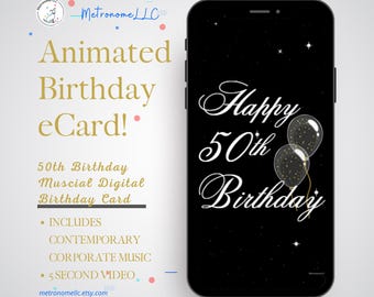 50th Birthday Card, eCard Birthday Card,  Balloon Musical Animated Birthday Card & Contemporary Music, Last Minute Instant Download Gift