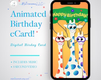 Kid Birthday Card, Googly-Eyed Giraffe Animated Birthday eCard, Digital Birthday Card & Birthday Song, DIY Social Media or Message App Gift