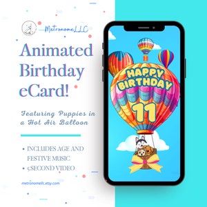 11th Birthday Card, Animated Birthday Card, Kid Musical Digital eCard, Instant Download, Puppy Hot Air Balloon, DIY Social Media / Text App