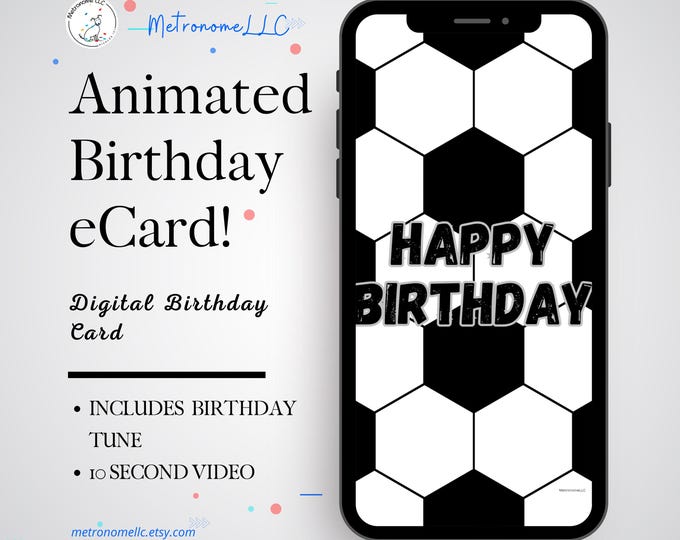 Featured listing image: Musical Happy Birthday Card, Soccer Ball, Happy Birthday Tune & Cheering Sports Crowd, Instant Download eCard Gift, DIY Social Media Message