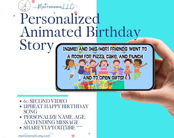 Featured listing image: Personalized Story Books for Children: Digital Musical Animated Birthday Card  with Name Age Custom Message, Kids Unique Gift, 4K MP4 Video