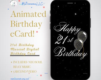 21st Birthday Card, eCard Birthday Card, Balloon Musical Animated Birthday Card & Neo Soul Music, Last Minute Instant Download Gift