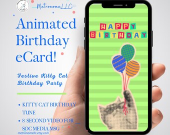 Animated Birthday Card, Fun Human & Kitty Cat Happy Birthday Vocal Tune,  Last Minute eCard, Virtual DIY Gift, Digital Download e-Card