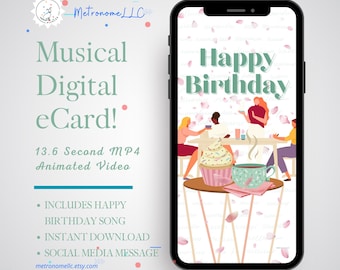 Happy Birthday Card For Her, Musical Animated Rose Petal Cupcake Best Friend eCard, Women DIY Social Media Message, Instant Download Gift