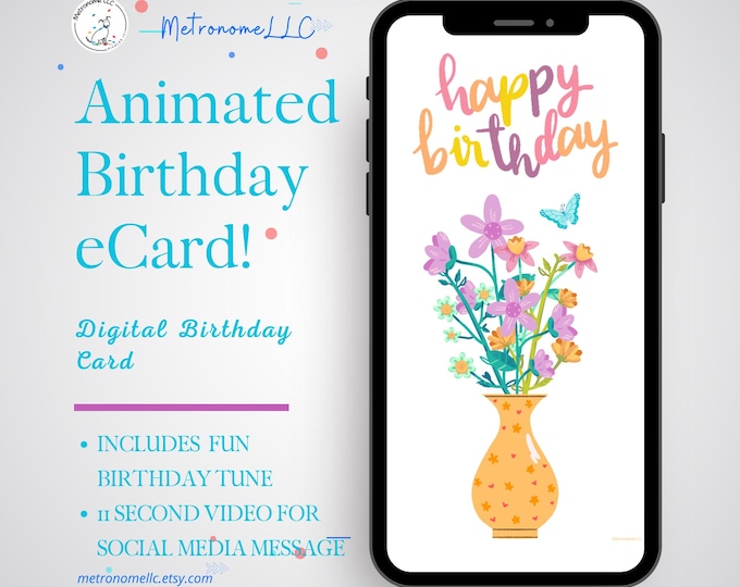 Featured listing image: Musical Animated Birthday Card, Instant Download Digital Birthday eCard, Happy Birthday Tune, Last Minute Gift, eCard Birthday Card, Flowers