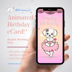 Musical Animated Birthday Card, Puppy Ballerina, Soft Ukulele Tune, Digital Download Virtual e-Card, DIY Last Minute Social Media DM Gift