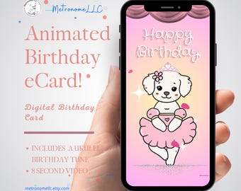 Musical Animated Birthday Card, Puppy Ballerina, Soft Ukulele Tune, Digital Download Virtual e-Card, DIY Last Minute Social Media DM Gift