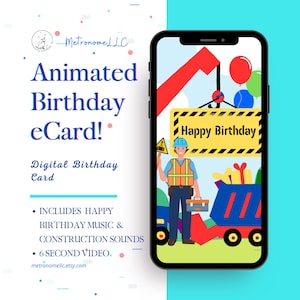 Musical Animated Birthday Card, Kids Digital Happy Birthday eCard, Construction Sounds, Instant Download, Last Minute Gift, DIY Text Message