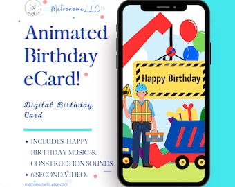 Musical Animated Birthday Card, Kids Digital Happy Birthday eCard, Construction Sounds, Instant Download, Last Minute Gift, DIY Text Message