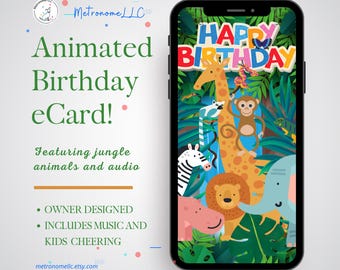 Kids Animated Birthday e-Card, Safari Jungle Animals, Peaceful Music & Children Cheering Happy Birthday, Social Media Message 4K Video Gift
