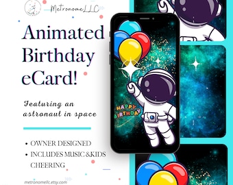 eCard Birthday Card, Space Astronaut Birthday, Festive Music & Children Cheering, Animated Birthday Card, Kids Digital 4K Social Media Video