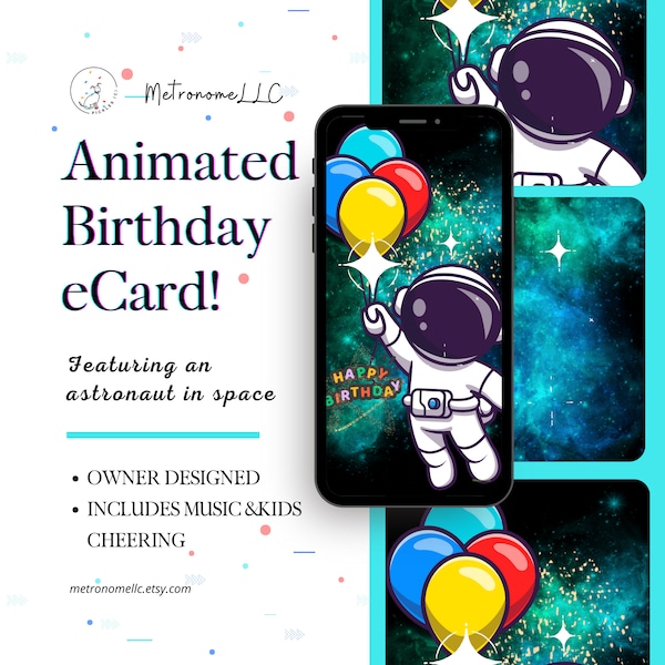 eCard Birthday Card, Space Astronaut Birthday, Festive Music and Children Cheering, Animated Birthday Card, 4K Video