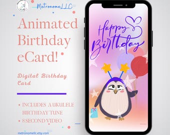 Musical Animated Birthday Card, Party Pinguin, Soft Ukulele Song, Instant Download Digital eCard, DIY Last Minute Social Media Message Gift