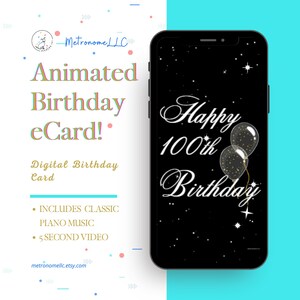 100th Birthday Card, eCard Birthday Card, Balloon Musical Animated Birthday Card & Classic Piano Music, Last Minute Instant Download Gift