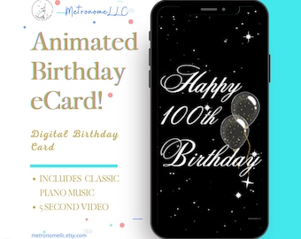 100th Birthday Card, eCard Birthday Card, Balloon Musical Animated Birthday Card & Classic Piano Music, Last Minute Instant Download Gift