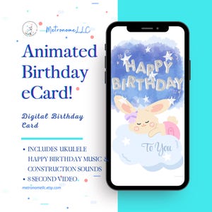 Musical Animated Birthday Card, Baby Bunny Rabbit on a Cloud, Soft Ukulele Song, Instant Download eCard, DIY Last Minute Social Media Gift