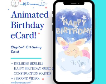 Musical Animated Birthday Card, Baby Bunny Rabbit on a Cloud, Soft Ukulele Song, Instant Download eCard, DIY Last Minute Social Media Gift