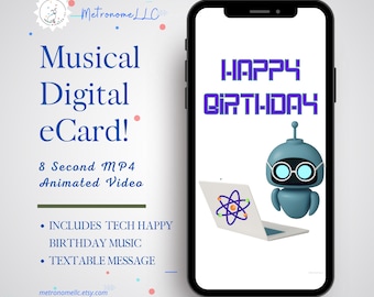 Musical Animated Birthday Card, STEM Robotics & Techie Happy Birthday Song, Instant Download eCard Gift, DIY Last Minute Textable e-Card