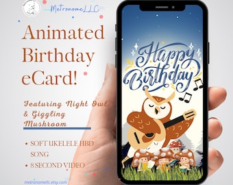Musical Animated Birthday Card, Night Owl/Mushrooms, Ukulele Happy Birthday Song, Digital Download e-Card, Last Minute Social Media Msg Gift