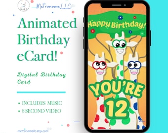 12th Birthday Card, Wacky Giraffe Animated Birthday eCard, Kids Digital Birthday Card & Birthday Song, DIY Social Media or Message App Gift