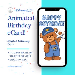 Happy Birthday Card, Cute Kid Musical Animated e-Card, Airplane & Pilot Voice, Instant Download Digital eCard Last Minute DIY Textable Gift
