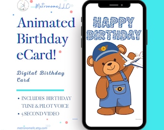 Happy Birthday Card, Cute Kid Musical Animated e-Card, Airplane & Pilot Voice, Instant Download Digital eCard Last Minute DIY Textable Gift