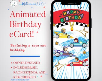 Birthday Card for Boys, Animated Race Car Digital Greeting eCards, Cheerful Music, Kids Cheering, Racing Sound Effect, Colorful Racecars