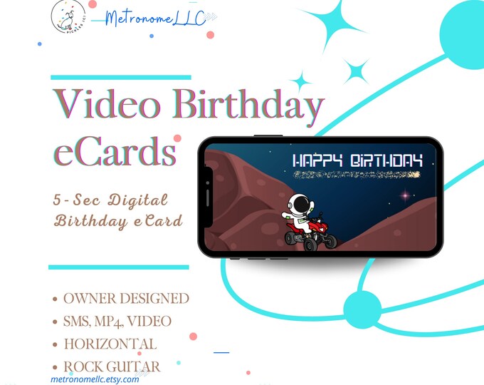 Featured listing image: Happy Birthday Card For Him, Space Astronaut On Quad, Digital Animated Birthday eCard, Rock Guitar Drum Beat, Instant Download DIY Gift