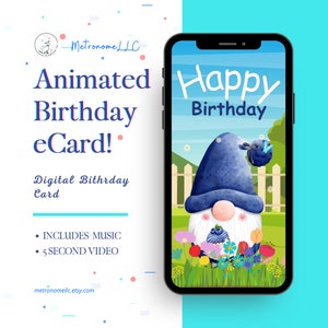 Musical Animated Birthday Card, Happy Birthday Instant Download Last Minute Gift, Blue Gnome Digital eCard, DIY Social Media / Messaging App