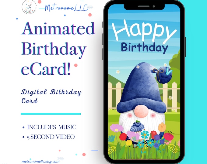 Featured listing image: Musical Animated Birthday Card, Instant Download Digital Birthday eCard, Happy Birthday Tune, Last Minute Gift, eCard Birthday Card, Gnome