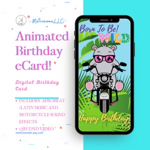 Birthday Card For Her, Cute Motorcycle Hippo with Afrobeat Music & Sound Effects, Instant Download Digital eCard, Animated Happy Birthday