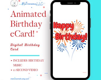Happy Birthday Card, Animated Musical Digital Mobile eCard With Fun Music, Instant Download Last Minute Gift For Social Media Or Message App