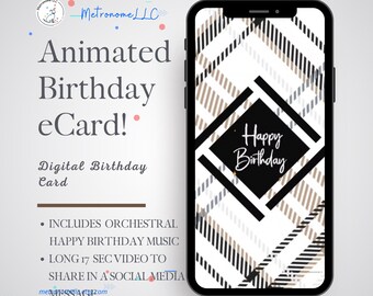 Happy Birthday Card For Men, Digital Plaid Design and Orchestral Happy Birthday Music, Animated Birthday Card For Him, Last Minute DIY Gift